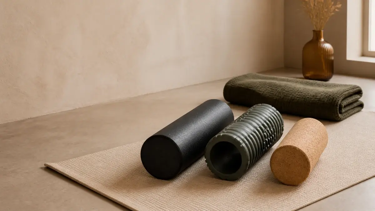 Tre foam rollers med glat, rillet og korkoverflade på en træningsmåtte