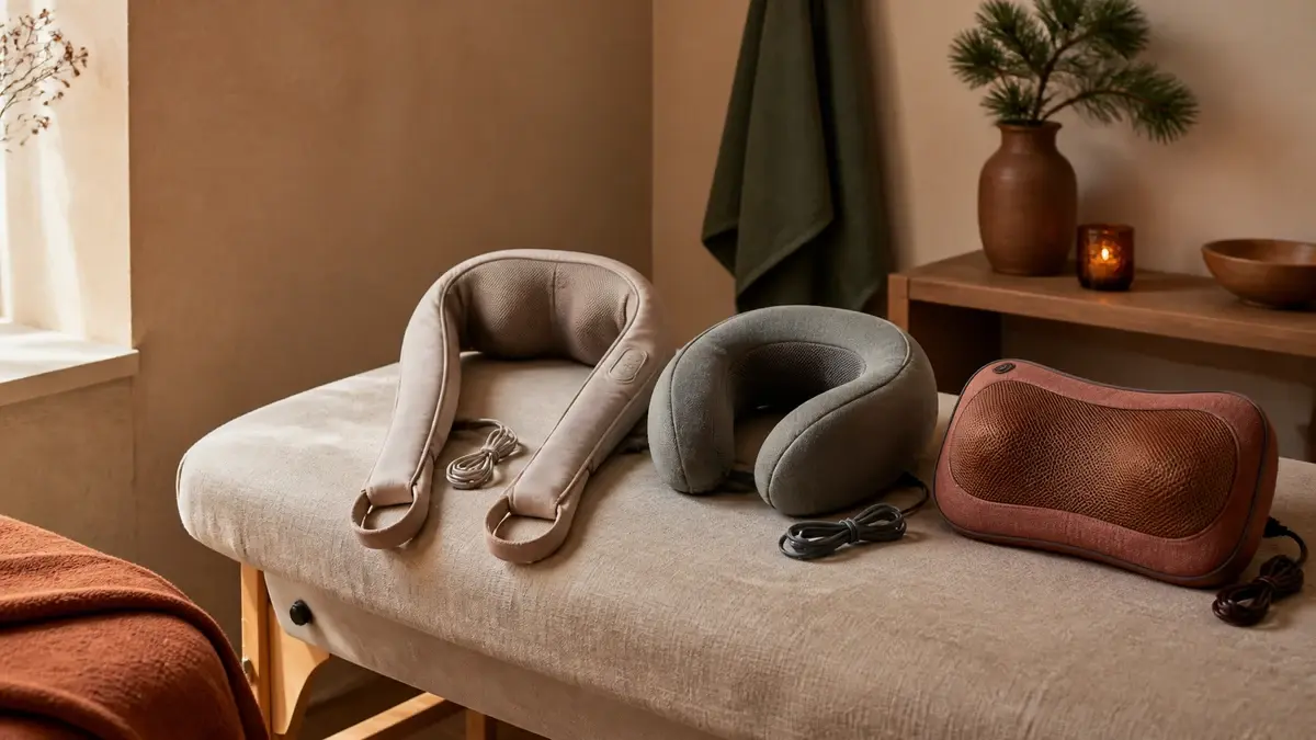 Tre typer nakkemassageapparater på en polstret bænk