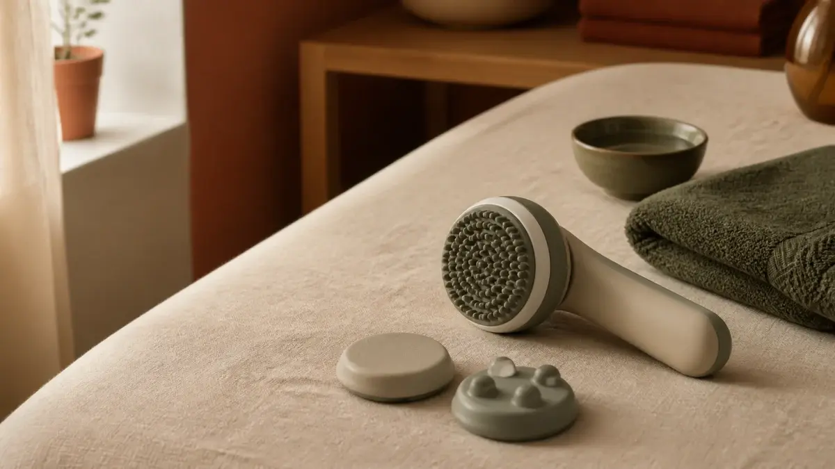 Håndholdt massageapparat med tre massagehoveder på en behandlingsbænk