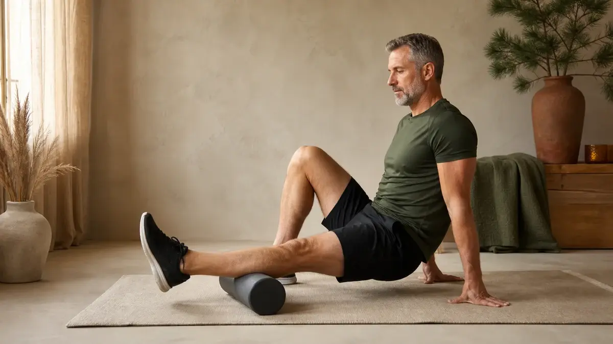 Mand ruller læggen over en foam roller på en træningsmåtte