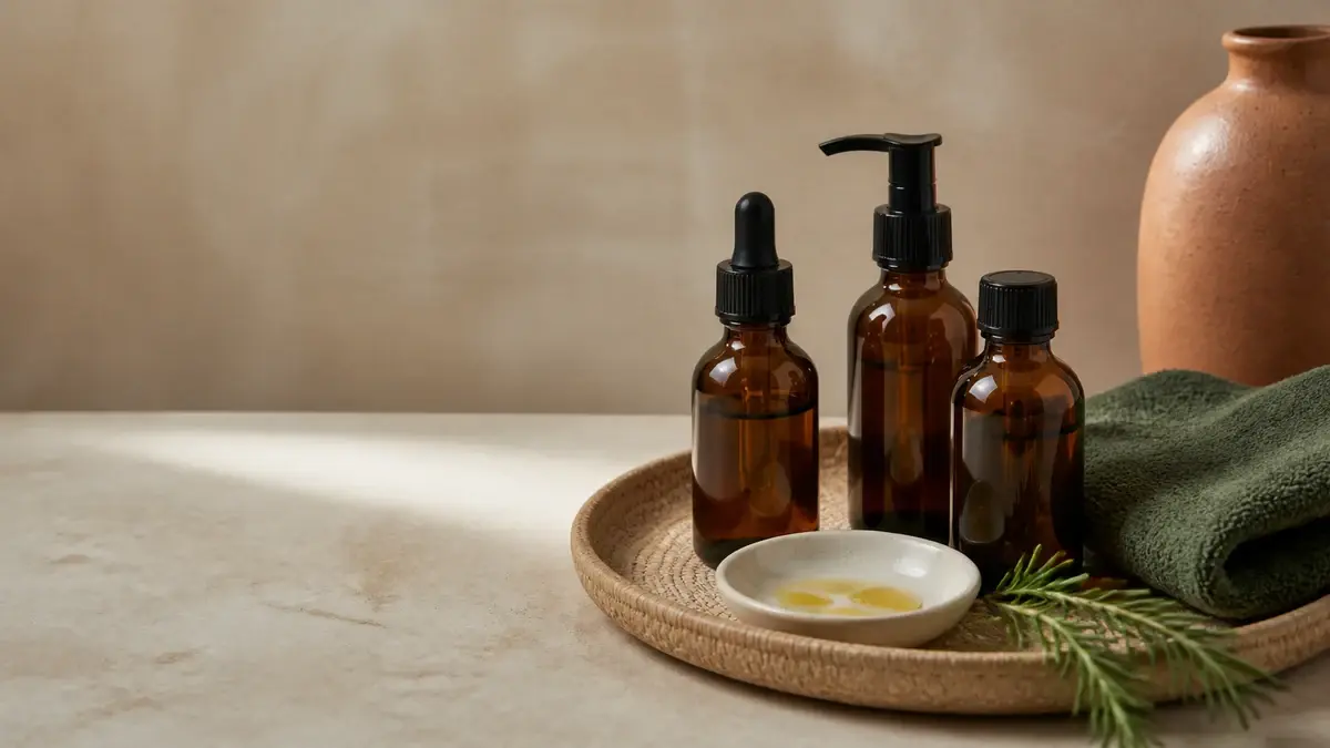 Tre brune flasker med massageolie, skål, håndklæde og rosmarin