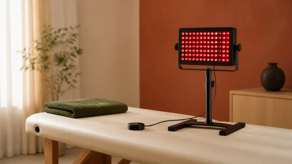 Tændt rødt lyspanel på stativ med en sensor på en behandlingsbænk