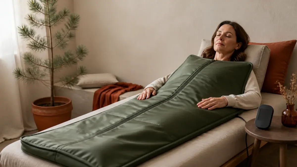 Kvinde slapper af i et grønt infrarødt saunatæppe på en daybed